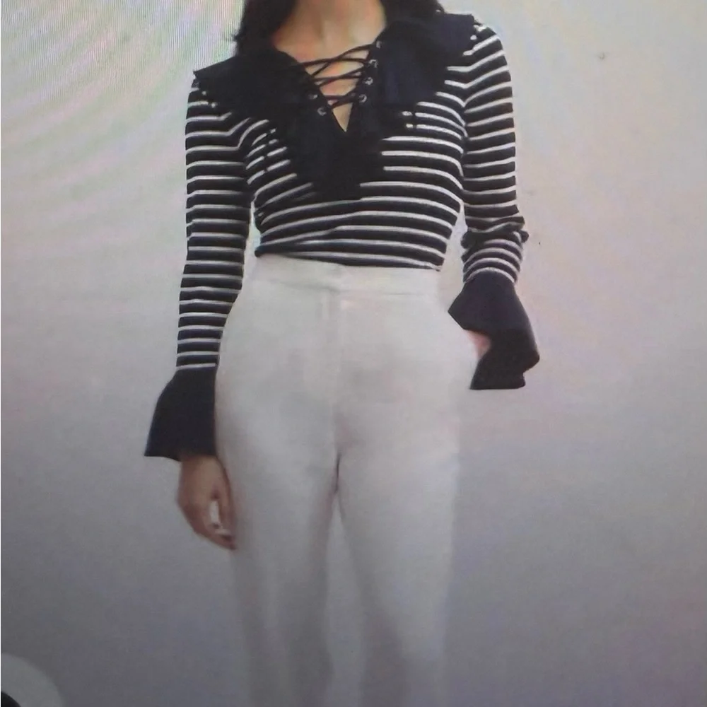 Anne Fontaine Navy and White Striped Lace-Up coquillage Top, size Medium‎